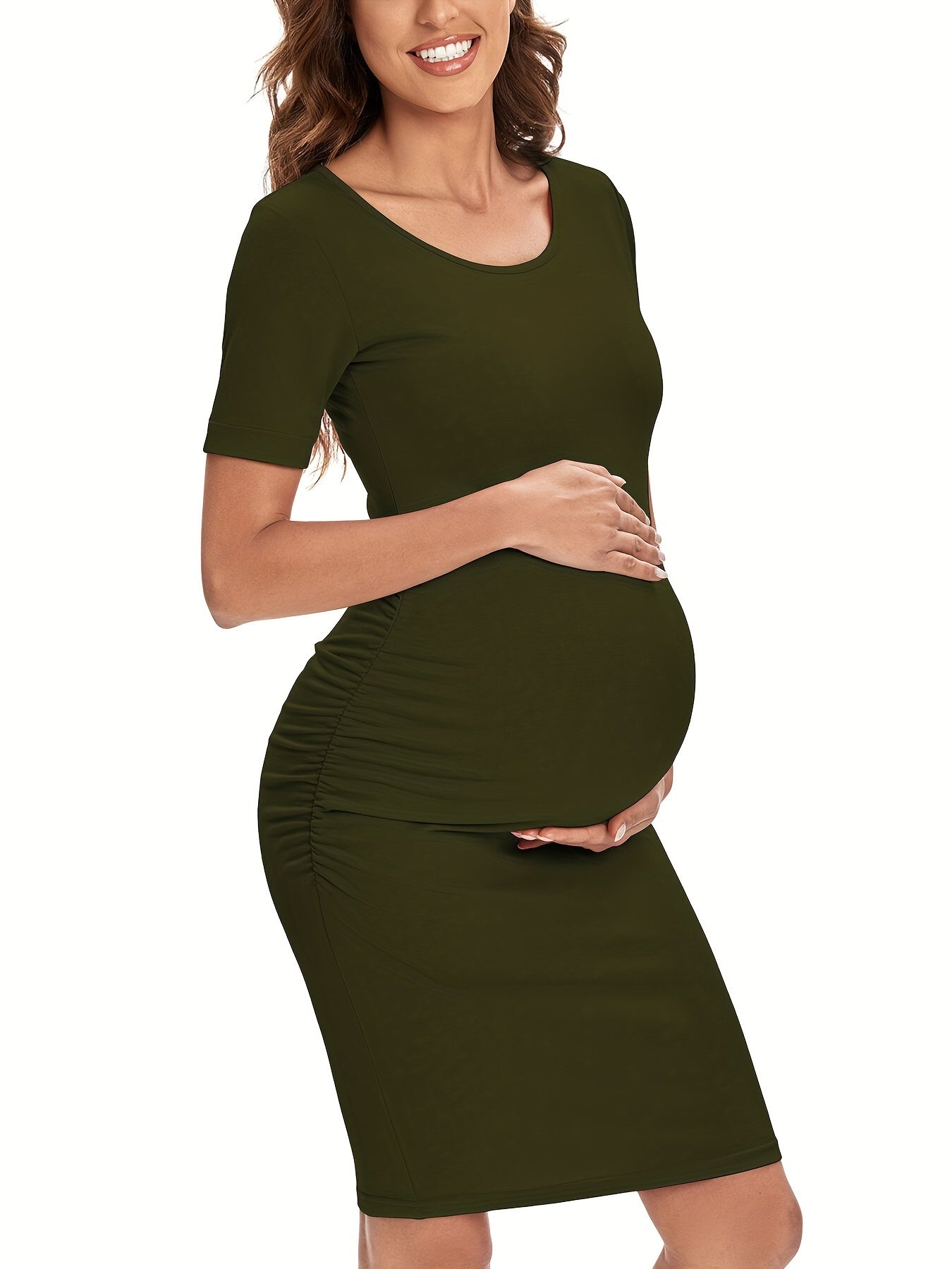 Women's Maternity Bodycon Ruched Side Dress Casual Short Sleeve Dress for Daily Wearing Or Baby Shower