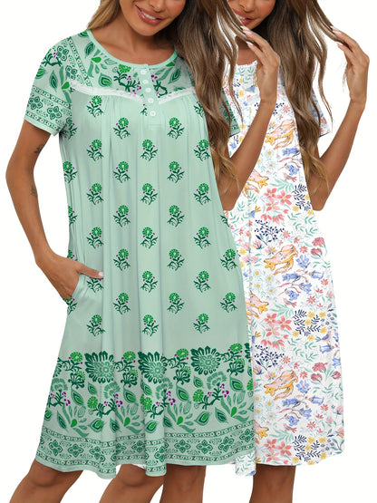 2pcs Women's Floral Nightgowns - Short Sleeve Lace Trim House Dress with Pockets, Comfy Mumu