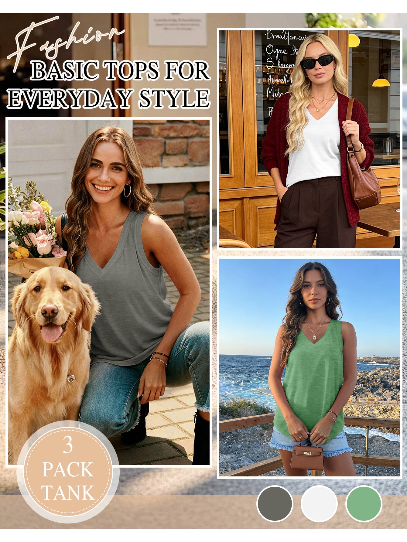 [3 Pack Tank Tops] 3 Pack Womens Tank Tops 2026 Spring Summer Vacation Outfits V Neck Loose Sleeveless Blouse Casual Shirts Fashion Clothes