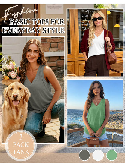[3 Pack Tank Tops] 3 Pack Womens Tank Tops 2026 Spring Summer Vacation Outfits V Neck Loose Sleeveless Blouse Casual Shirts Fashion Clothes