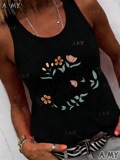Casual Versatile Plus Size Round Neck Vest, Grace Print Round Neck Vest, Stylish Design Pattern, Holiday Dress Up Summer Women'S Essential Item, Women'S Fashion Summer T-Shirt