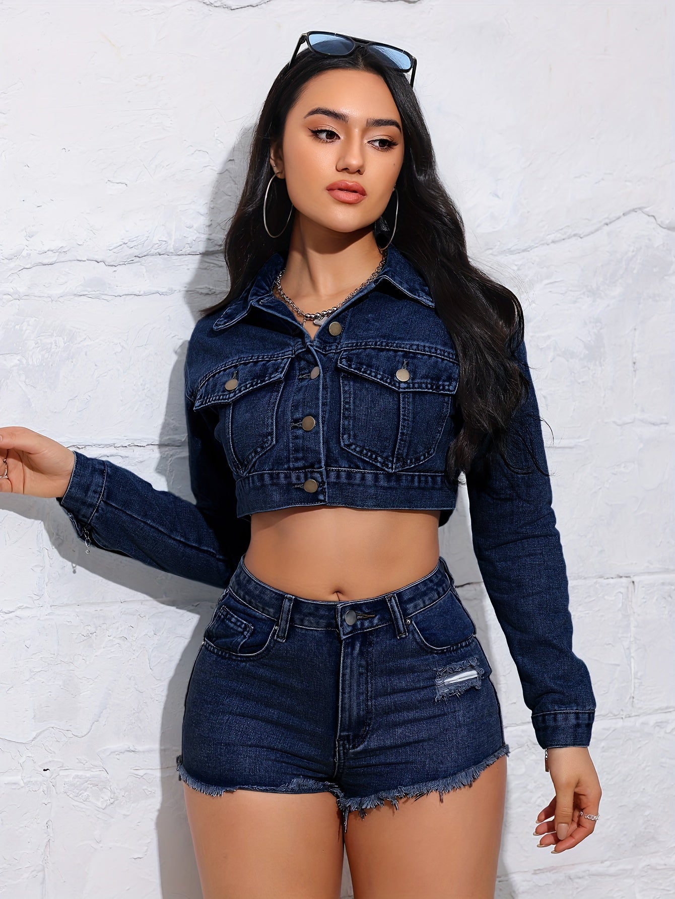 Women's Vintage Washed Denim Jacket - Short Length Drop Shoulder Sleeve Coat with Classic Collar, Casual Spring/Fall Outerwear