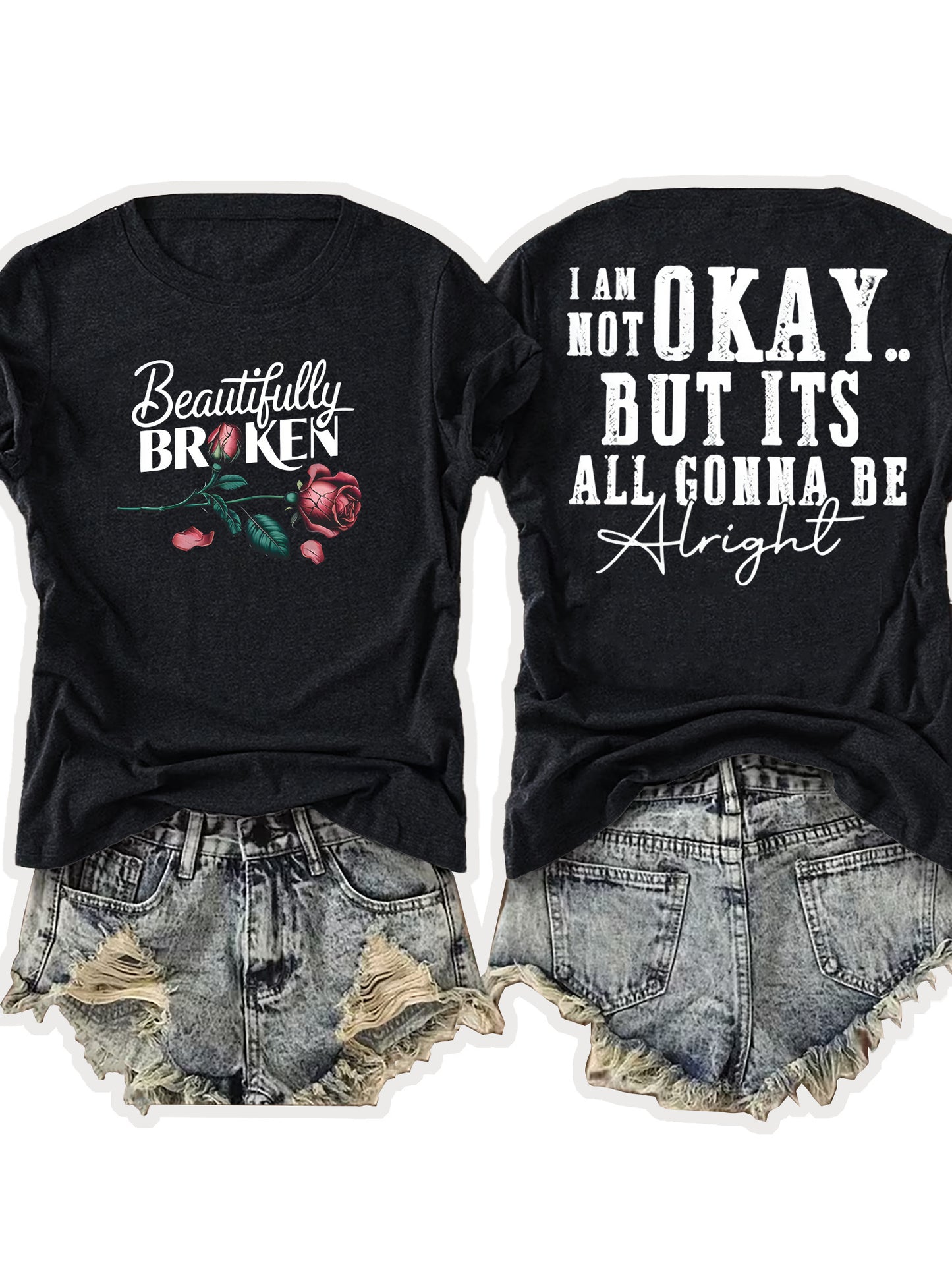 Ladies' European-Style Round Neck Short Sleeve T-Shirt for Summer, Lightweight and Breathable, Front and Back with Stylish Floral Prints and 'Beautifully Broken' Text, Perfect Comfort Fit for Daily Wear, A Versatile and Chic Choice for Laid-Back