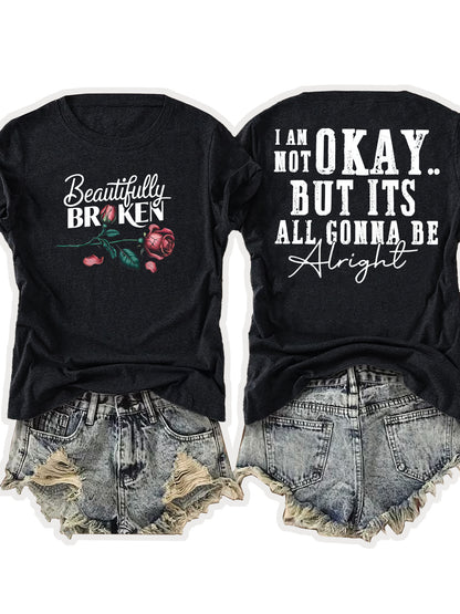 Ladies' European-Style Round Neck Short Sleeve T-Shirt for Summer, Lightweight and Breathable, Front and Back with Stylish Floral Prints and 'Beautifully Broken' Text, Perfect Comfort Fit for Daily Wear, A Versatile and Chic Choice for Laid-Back