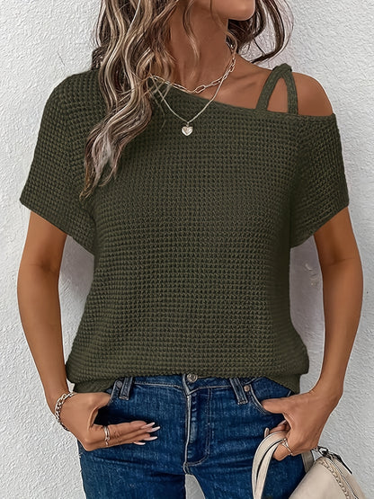 Women'S Summer Off Shoulder Waffle Short Sleeve T-Shirt Solid Color Top