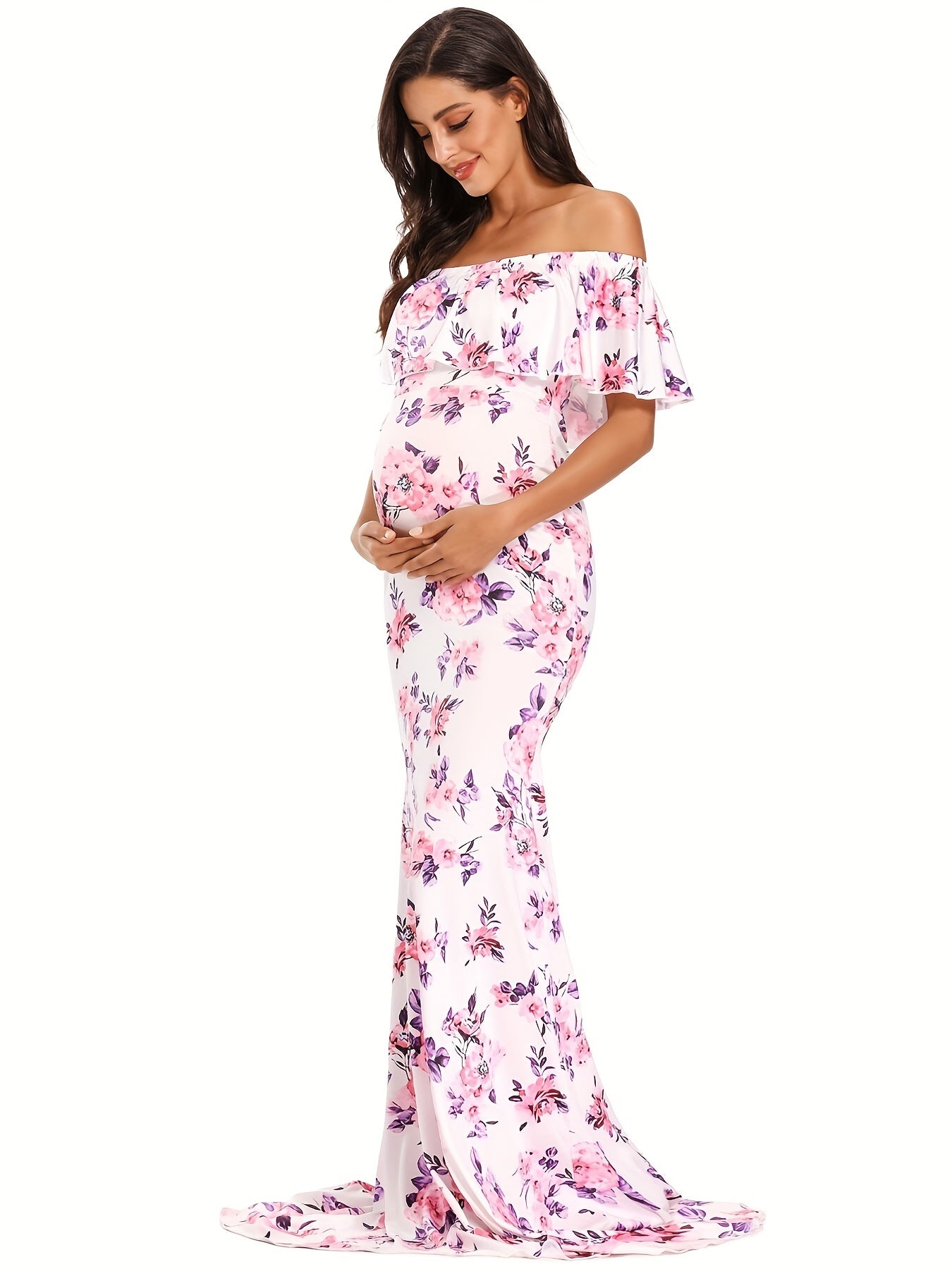 Womens Off Shoulder Maternity Dress Ruffles Elegant Slim Gowns Fit Maxi Photography Dress