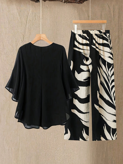 Plus Size - Plus Size - 2pcs Plus Size Women Set: Chiffon Batwing Sleeve Top And Plant Print Long Pants