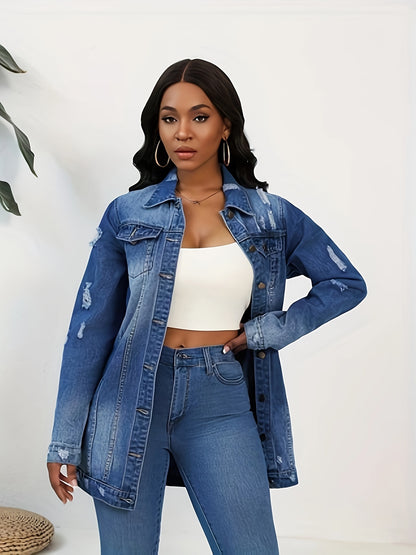 Women Fashion Solid Ripped Turn-down Collar Jean Jacket For Women Loose Casual Blue Fashionable Women Coats Female Outwear Denim Dark Blue Jacket For Women