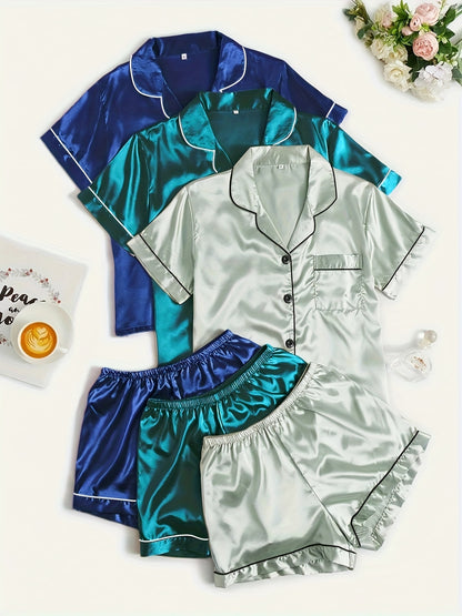 Casual, Fashionable, and Comfortable 6pcs Set in 3 Colors: Solid, Plain, Satin, and Satin Trim Short-Sleeve Shirt & Elastic Waist Shorts Pajama Set