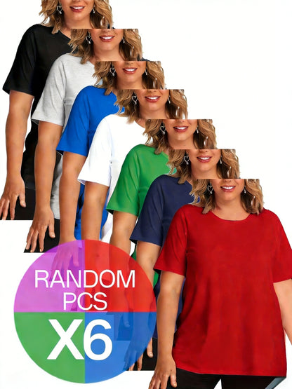 6pcs Random Women's Crew Neck T-shirt, A Versatile And Casual Short-sleeved Top, Breathable And Quick-drying, Suitable for Multiple Scenarios Such As Fitness, Shopping, Dating, Daily Commuting, Etc., An Essential Summer Top Item