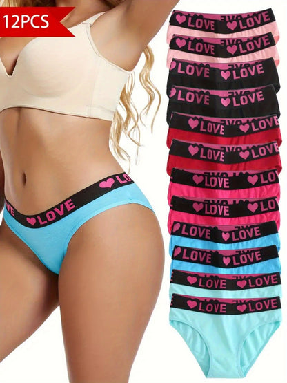 12-Pack Seamless Women'S Briefs with Simple Letter Heart Pattern, Comfortable Stretch Fabric Underwear