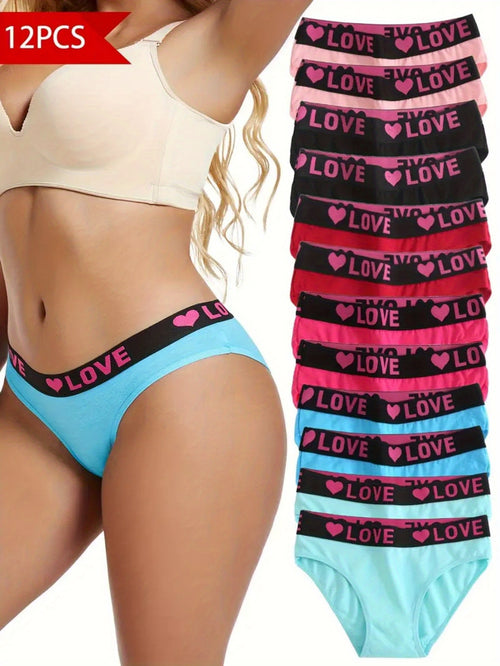 12-Pack Seamless Women'S Briefs with Simple Letter Heart Pattern, Comfortable Stretch Fabric Underwear