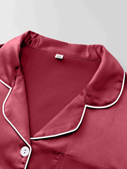 Women's Satin Casual Comfortable 1 Set 2pcs Pajama Outfit, Turn- Collar Long Sleeve Top & Elastic Waistband Trousers Women's Sleepwear
