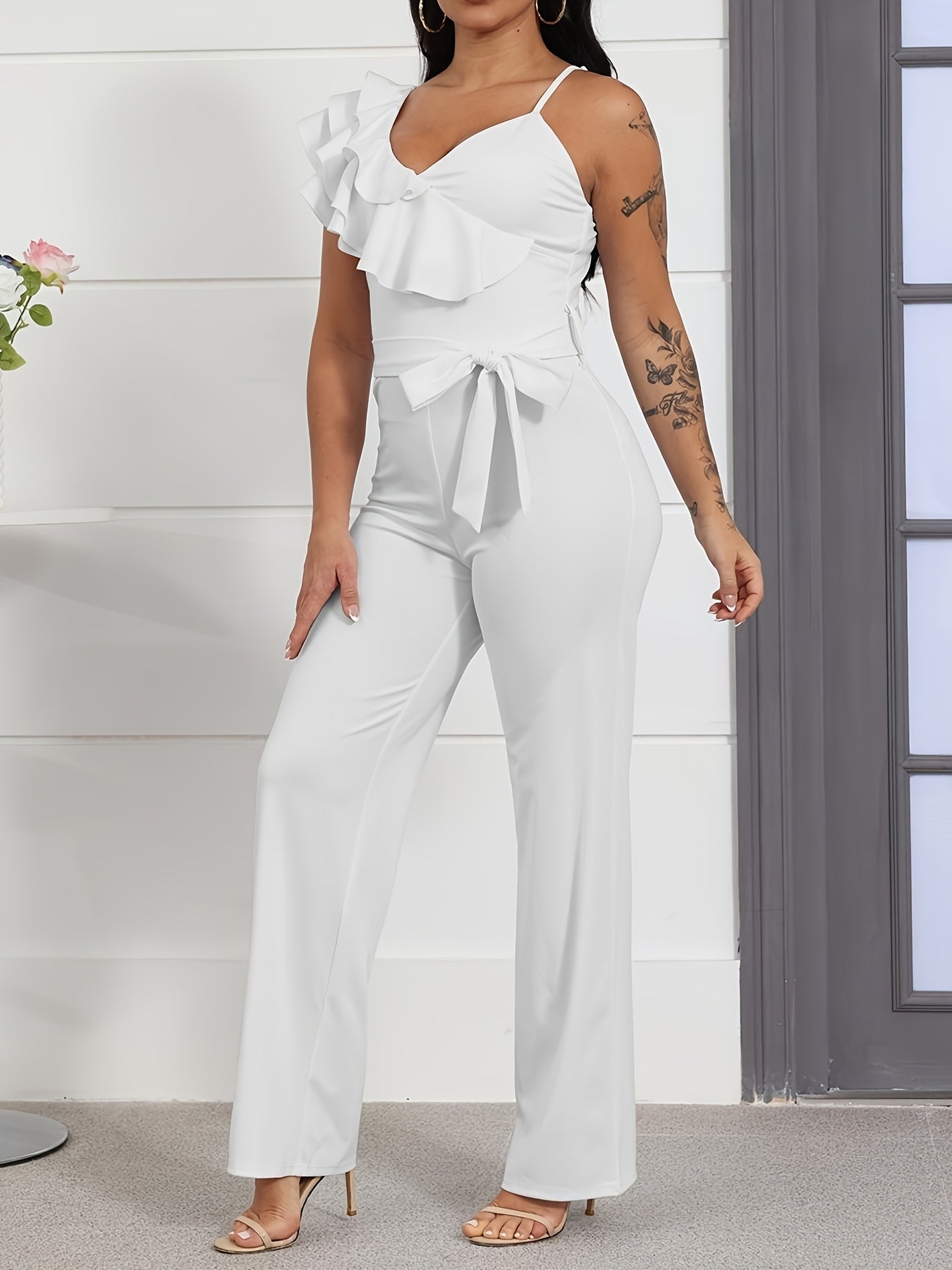 Womens Casual 1pc Jumpsuits V-Neck Sleeveless Ruffle Elegant Romper Wide Leg Pant Sexy Party Clubwear Overalls