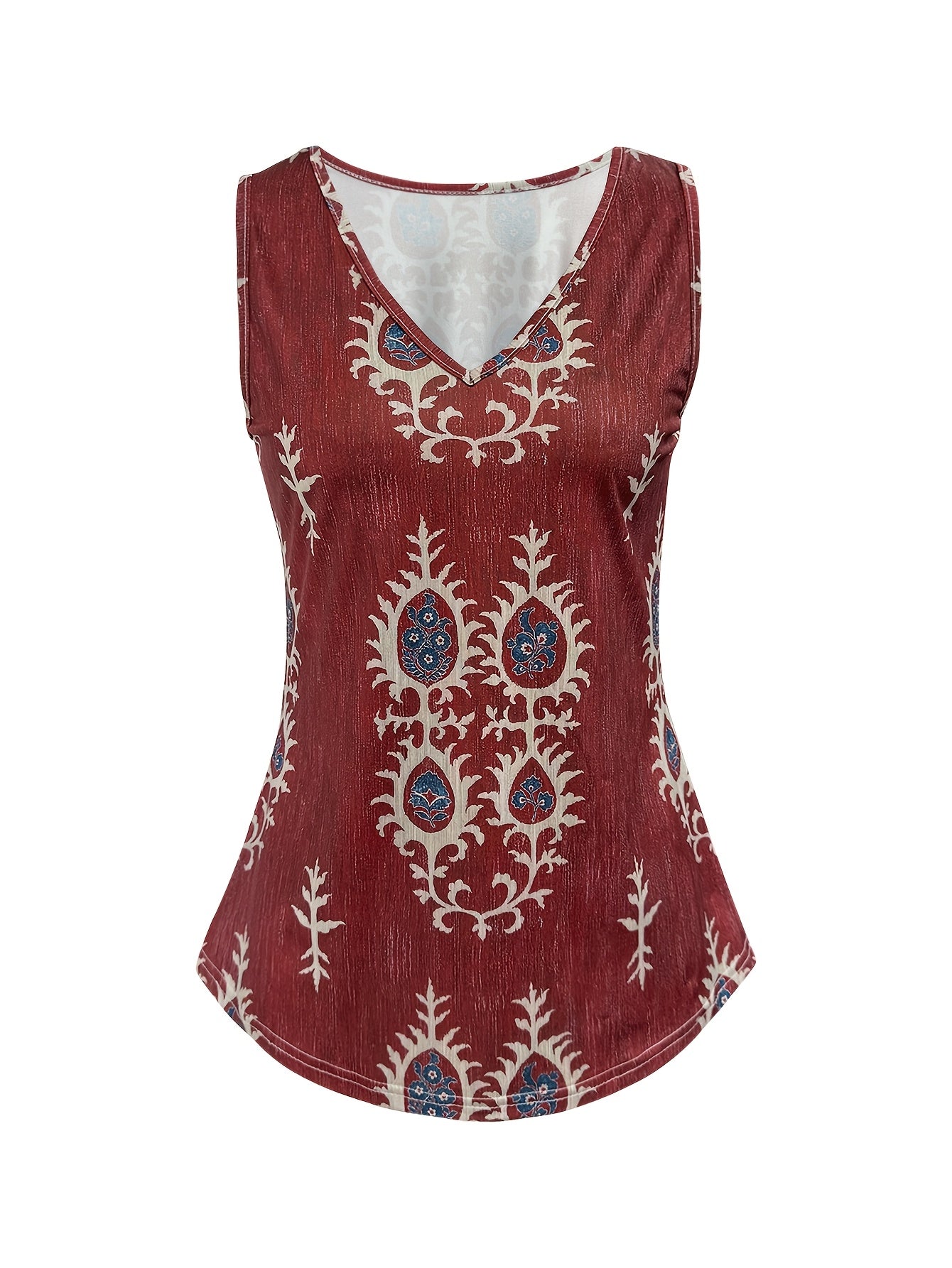 Maroon Women's Retro Bohemian Ethnic Print V-Neck Sleeveless Vest - Lightweight Summer Fashion Top with Nontransparent Fabric, Machine Washable for Casual Outfits, Outfit Enhancer