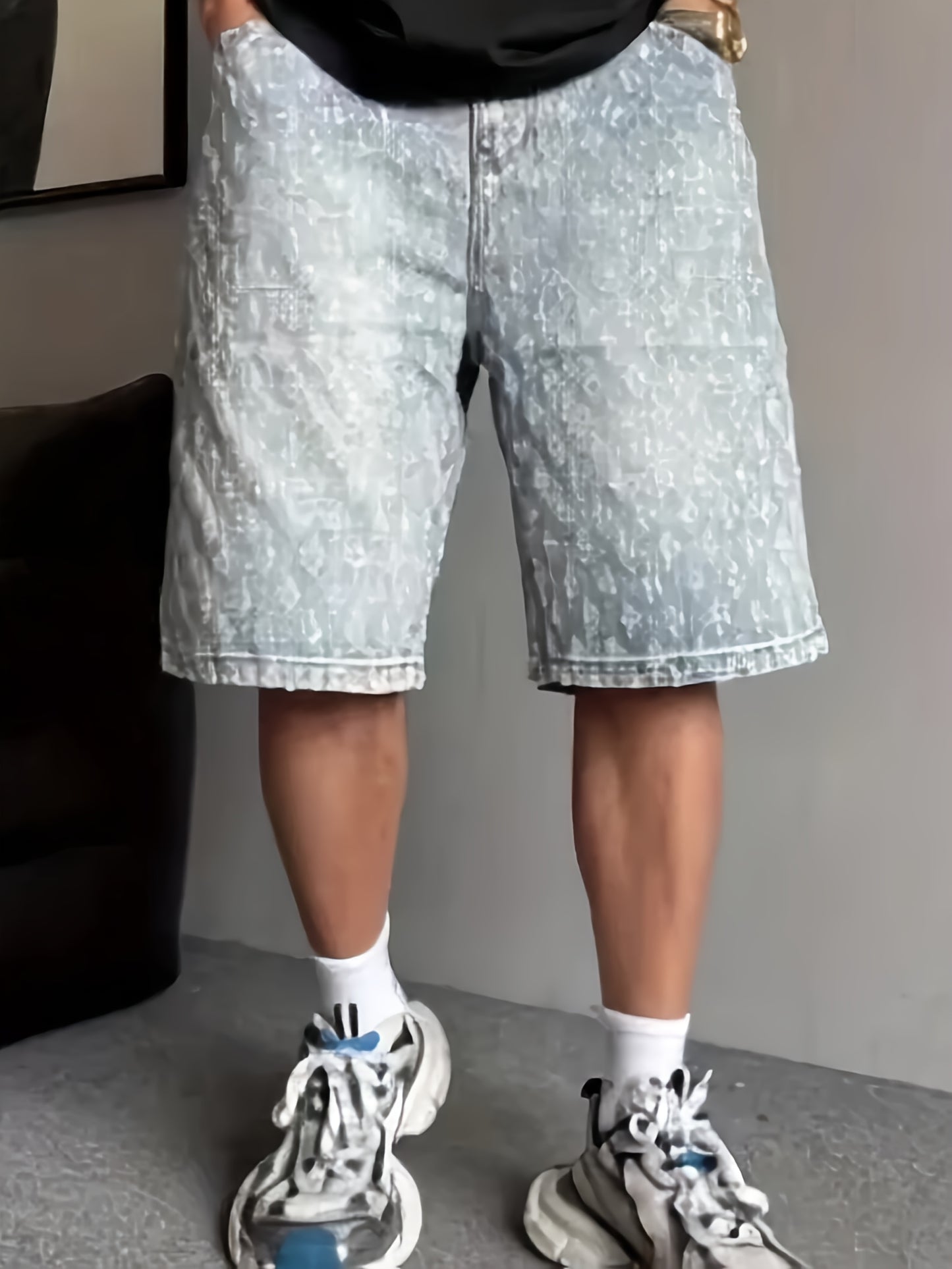 Men'S High-Street Fashion Distressed Knee-Length Denim Shorts - Relaxed Straight-Leg Fit with Geometric Embroidery, Machine Washable Summer Casual Shorts for Plus Size