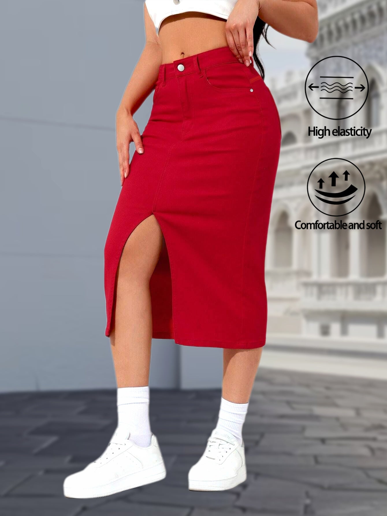 Women's High Waisted Red Midi Denim Skirt with Side Slit, Casual Vintage Jean Skirt, Comfortable and Stretchy Button Front Design, Y2K Fashion Style for Spring Summer Outfits