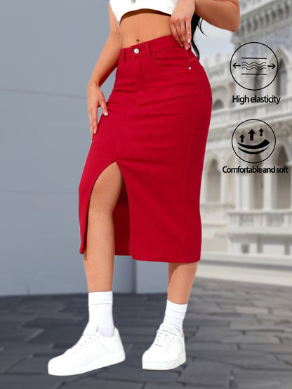 Women's High Waisted Red Midi Denim Skirt with Side Slit, Casual Vintage Jean Skirt, Comfortable and Stretchy Button Front Design, Y2K Fashion Style for Spring Summer Outfits