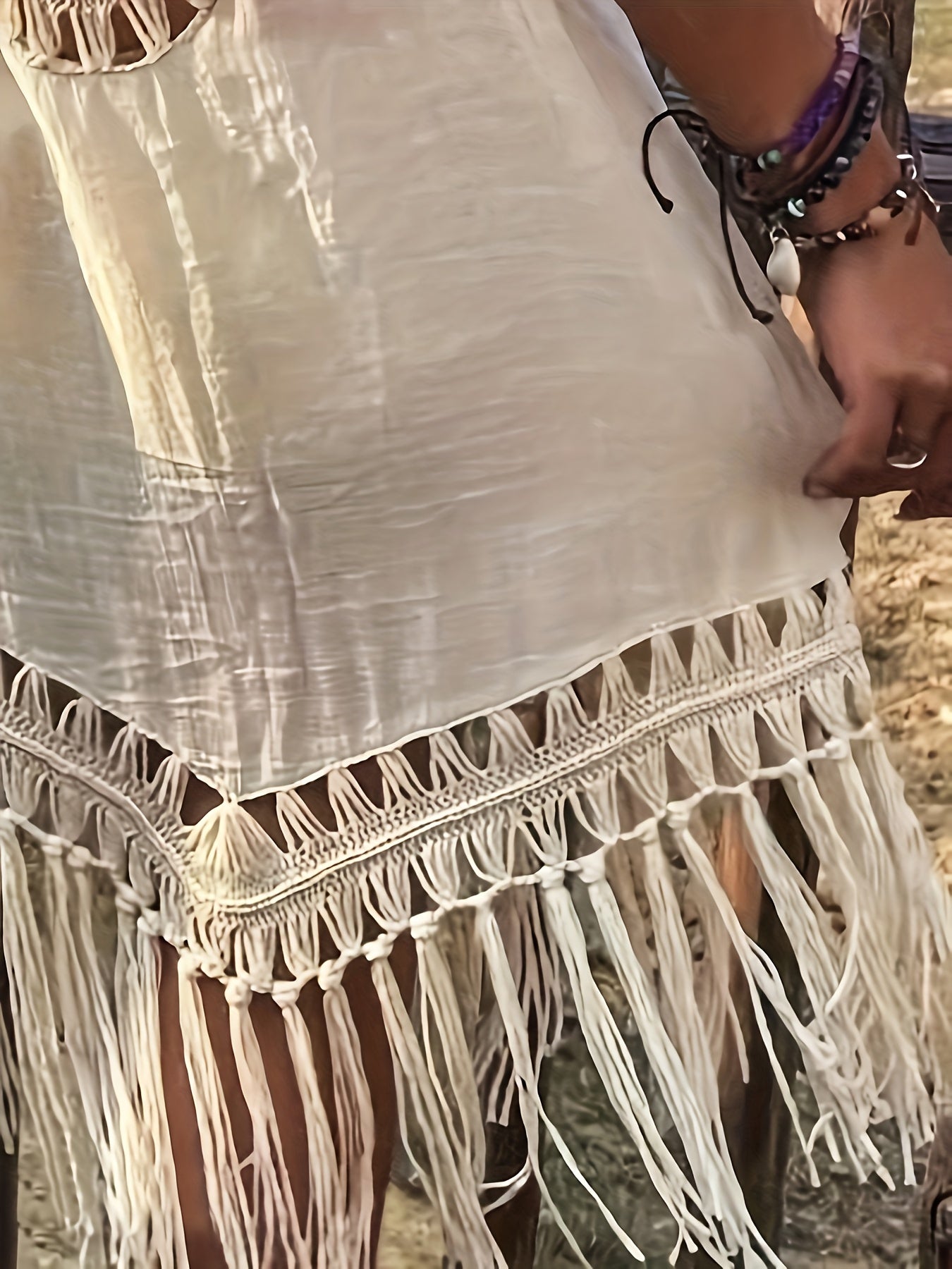 Women's Summer Vacation Style Hand Hook Splicing Color Thread Splicing Fringe V-neck Pullover Hollowed Out Beach Bikini Smock Skirt