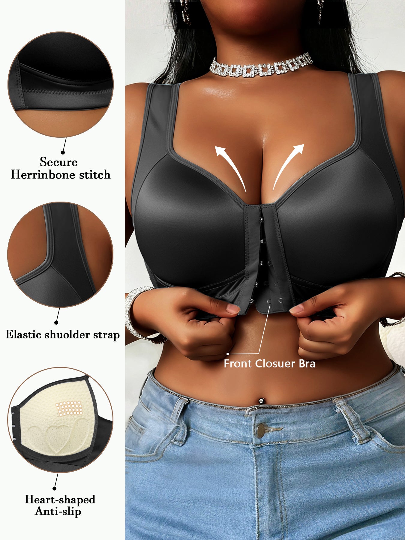 1pc Women'S Plus Size Bra Without Steel Rims, Satin Fabric, Smooth Fabric, Front Buckle Design With Strong Support, Suitable For Daily Wear And Formal Occasions - Full Cup Support, High Elasticity Material, High Support Enhancement