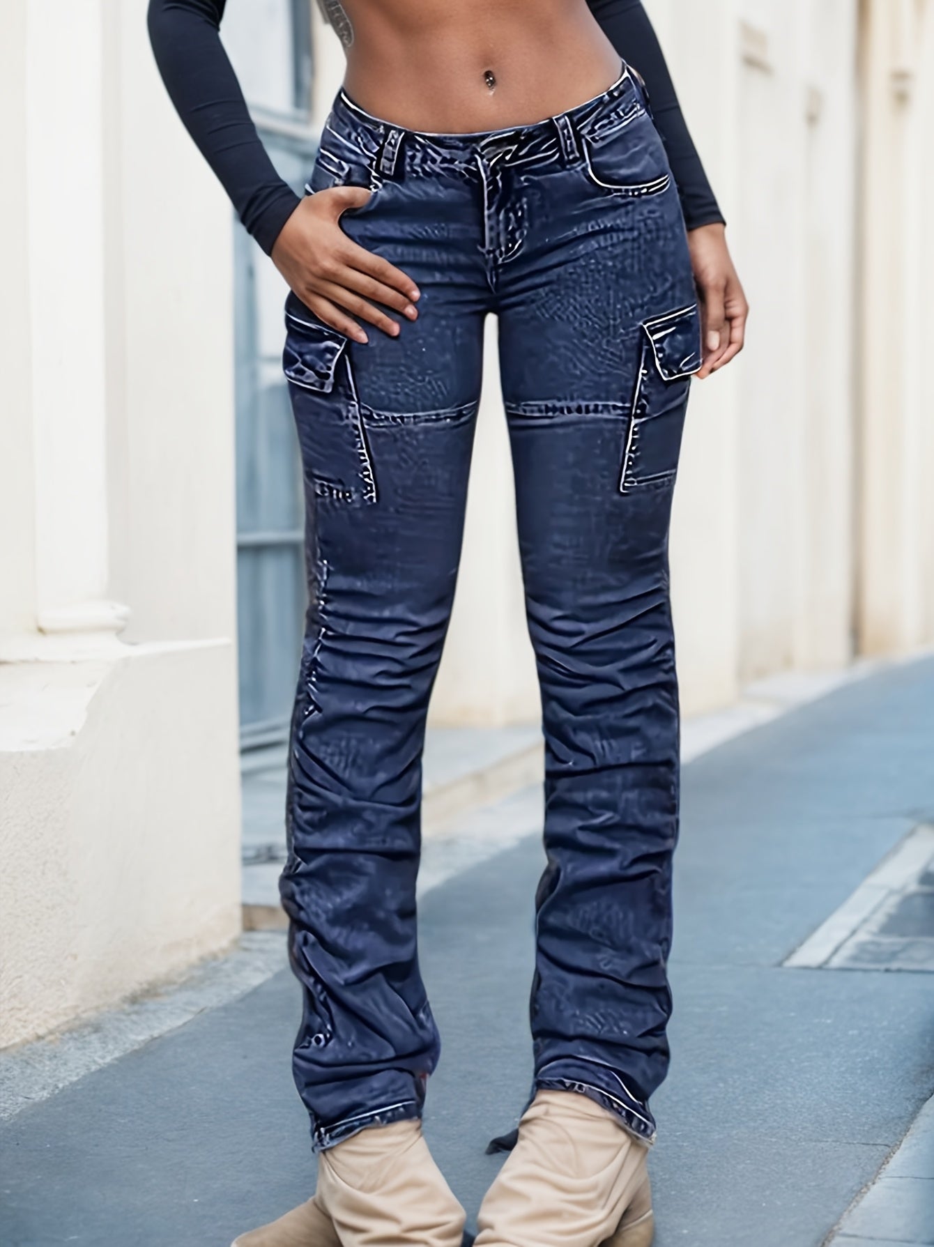 Textured Blue Comfortable and Relaxed Deep Blue Women's Jeans with Large Pockets, Wear-Resistant Topstitch Design, and Calf Pleats
