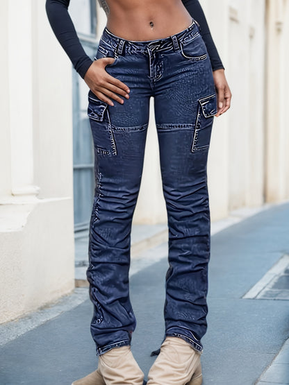 Textured Blue Comfortable and Relaxed Deep Blue Women's Jeans with Large Pockets, Wear-Resistant Topstitch Design, and Calf Pleats