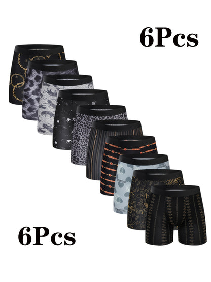 6pcs Random Men'S Comfortable Slim Shaping Underwear - Breathable, Elastic, Quick Drying, Elastic Waistband, Suitable for Spring Sports, Sports, And Casual Wear - Long Boxer Underwear - Soft, Lightweight, And Moisture Absorbing