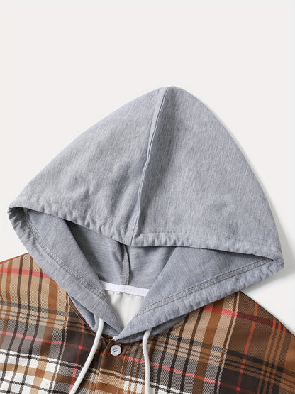 Men'S Plaid Hooded Button-Up Shirt - Long Sleeve Casual Shirt with Adjustable Drawstring Hood, Machine Washable, Spring/Fall Seasonal Transition, Earthy Tones (Brown/Beige/Red/Black/White), Autumn Wardrobe, Hooded Outerwear, No Stretch Fabric