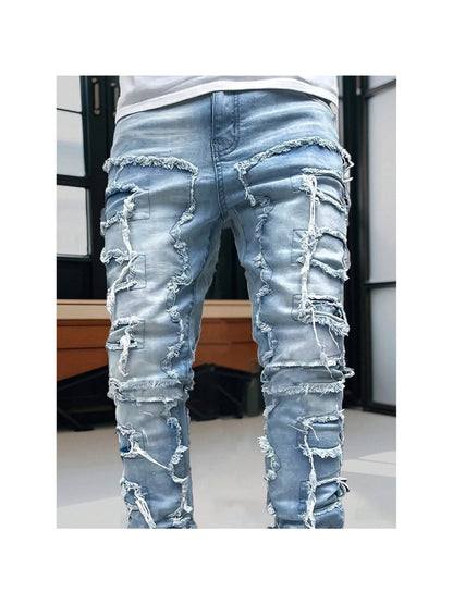 Teen Patchwork Ripped Jeans - Retro Street Slim Fit