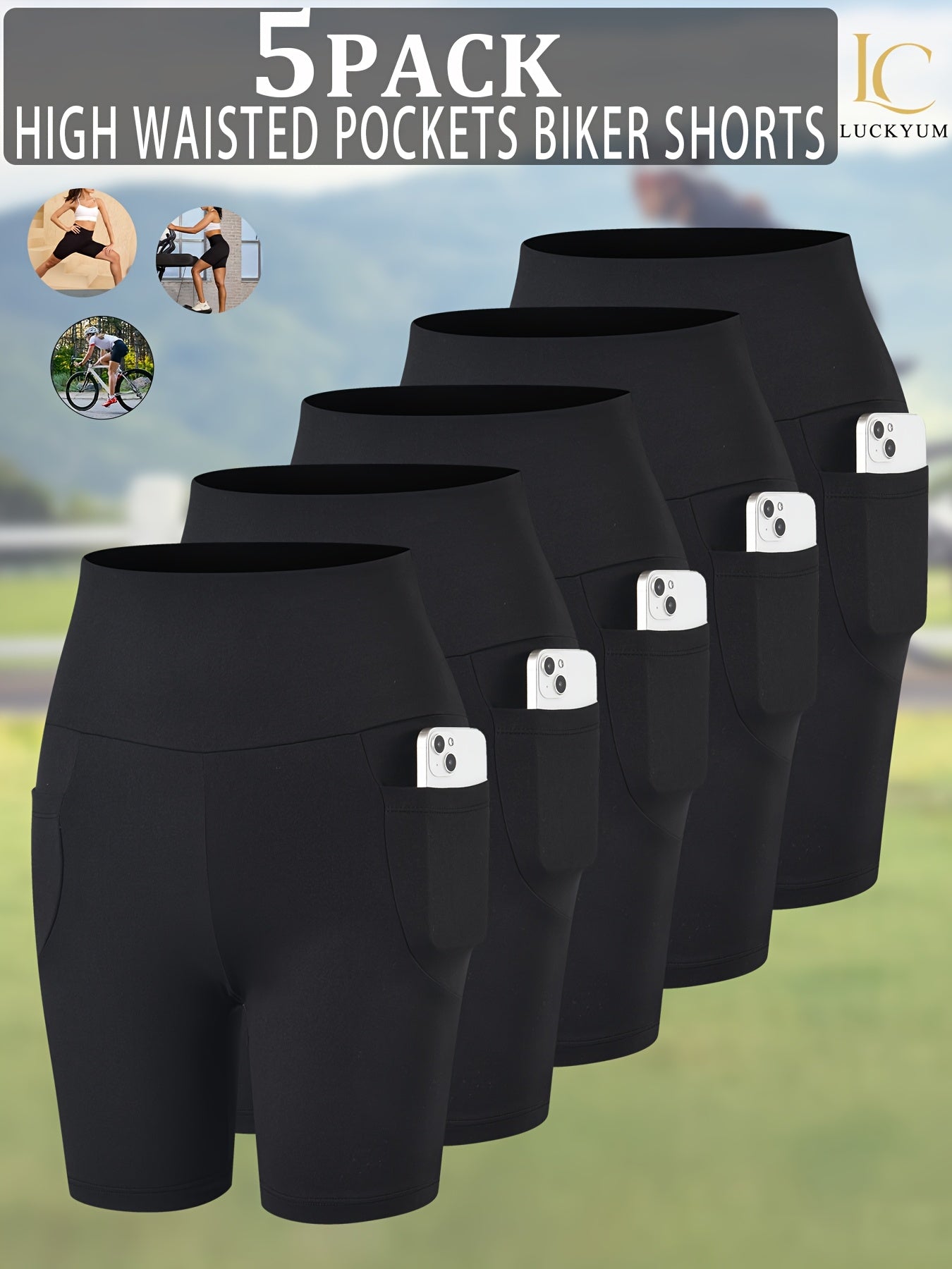 5 Pack 5" High Waisted Biker Shorts for Women with Pockets, Super Soft Tummy Control No See Through Workout Running Yoga Athletic Shorts, 6"Inseam RUNNING