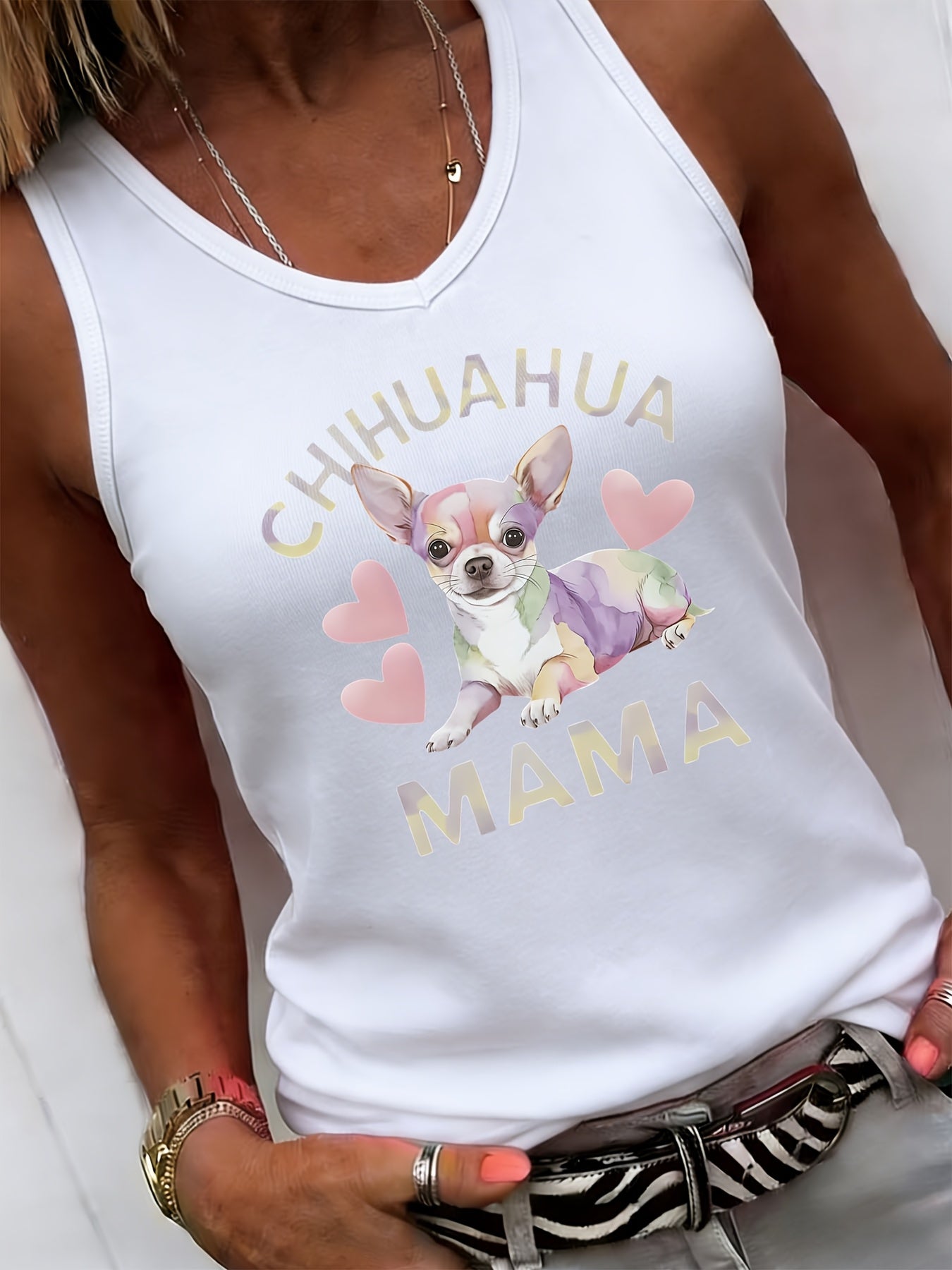Light Grey Polyester Printed V-Neck Tank Top - product view 30