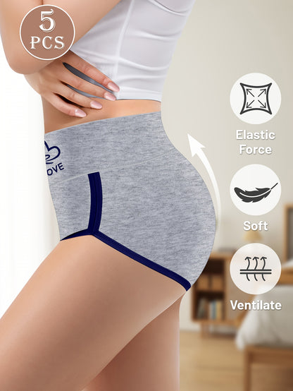 5pcs MIOTAN Women'S High Waist Panties, All Seasons Spring Summer Ultra-Soft Breathable Hip-Fit Briefs, Contrast Color Waist Shaping Tummy Control For Daily Home Office Wear | Ideal Gift For Festival Birthday