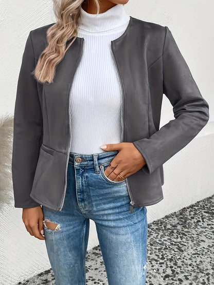 Today's Special! Women's Zip Up Casual Jacket - Slim Fit, Round Neck, Long Sleeve Coat, Trendy, Versatile for All Seasons, Multiple Colors (Black Friday Preview)