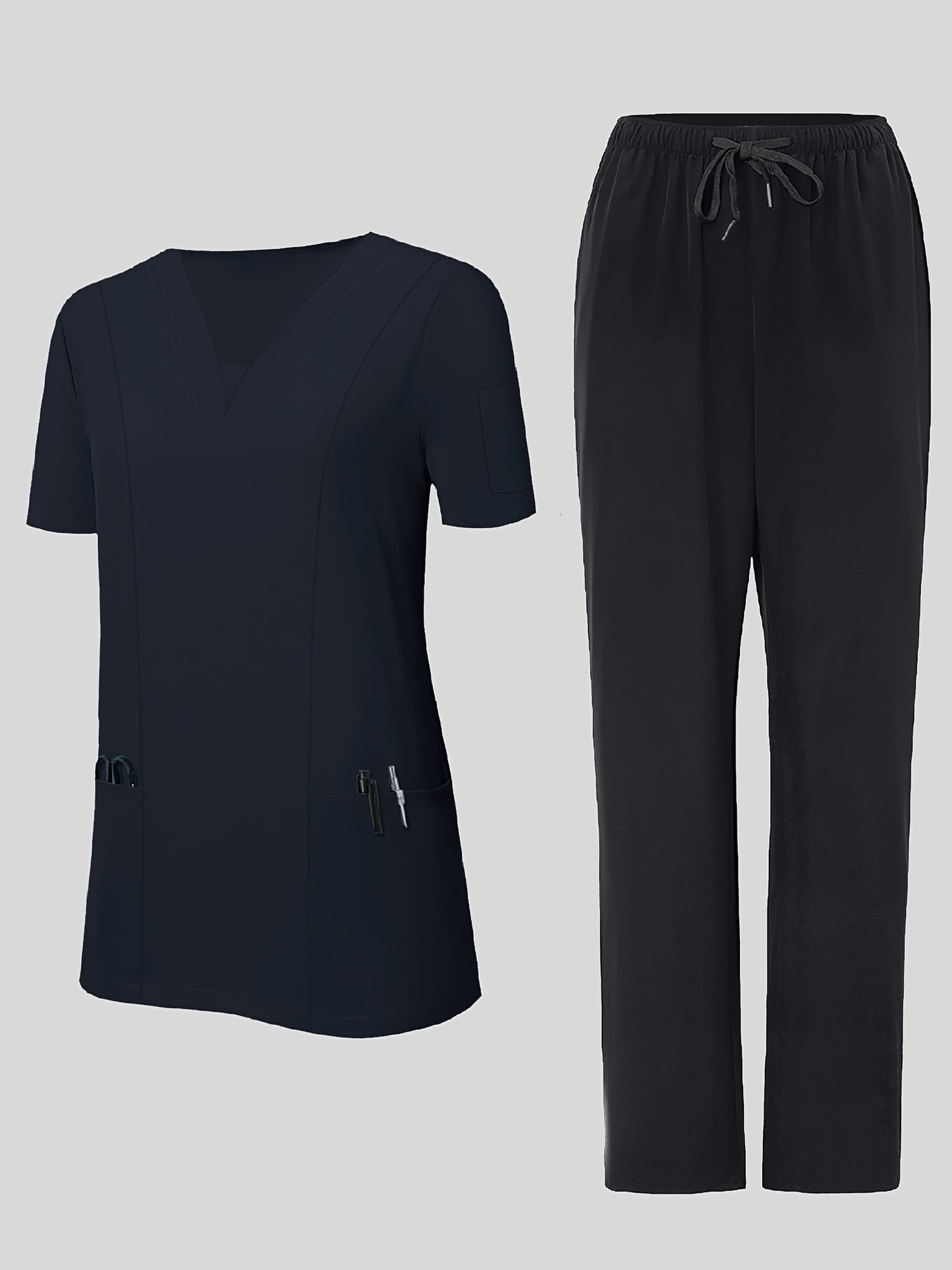 2pcs Women's Breathable V-Neck Work Uniform - Machine Washable Pocket Detail Matching Top & Pants, Casual Work Clothes Suitable for Work Uniforms, Healthcare, Education, Retail - Comfortable Professional Attire