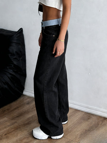 2026 Spring And Summer Fragrance New Contrasting Color Letter Webbing Decoration Straight Splicing Casual Pants Temperament Straight Jeans Commuter Trousers High Waist Jeans