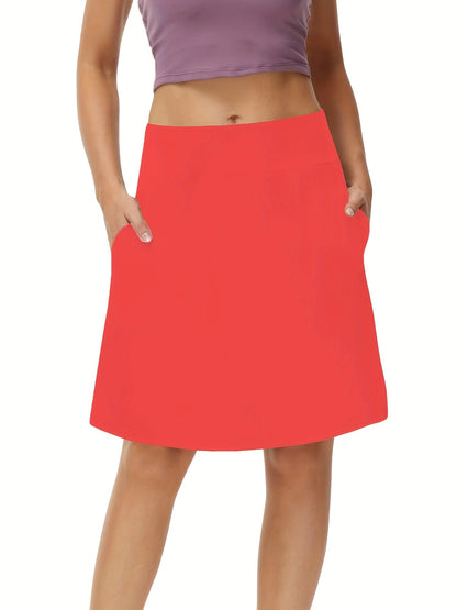 Tennis Sports Mid-Length Skorts, Soft Breathable Quick Drying Yoga Fitness Golf Skirts with Phone Pocket
