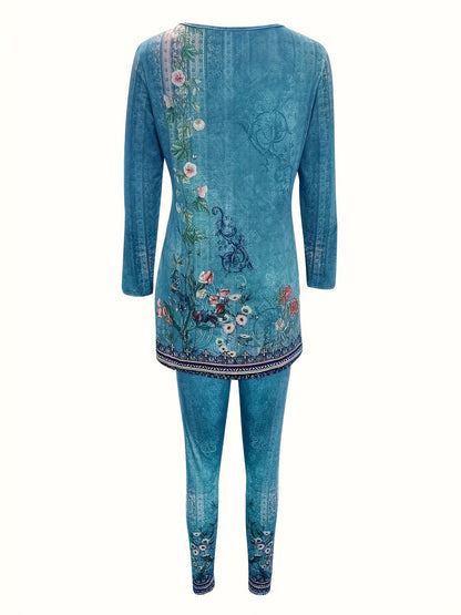 SINHOON Ladies' Attire Stylish Two-Piece Suit - Round Neck Long Sleeve Blouse with Side Slit And Printed Trousers - Ideal for Autumn And Winter Wear