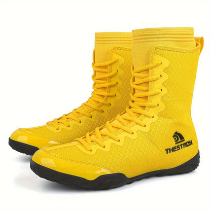 Men's High-Top Boxing Shoes - Non-Slip, Comfortable Wrestling & Training Sneakers for Indoor Sports, Black/White