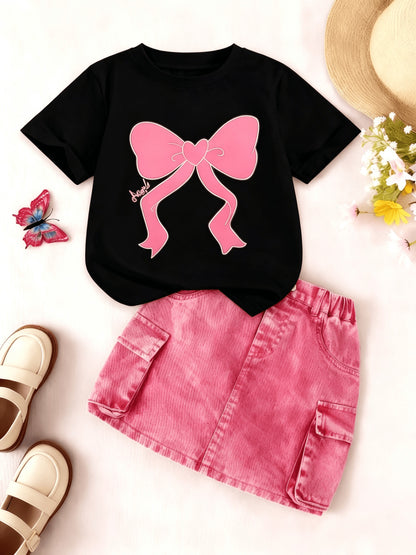 [Pink Bow T-Shirt] 1pc Large Pink Bow Graphic T-Shirt with Floral Elements - Cute And Casual Summer Tee with Stylish Small Text Detail, Perfect for Everyday Wear