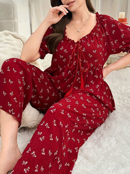 Plus Size Women's Pajama Set, Wine Red Bow Print Puff Sleeve Top & Wide-Leg Pants, Loose Comfortable Loungewear, Sweet Euro-American Style Sleepwear for Home Leisure/Sleep, Soft Skin-Friendly Fabric, Perfect Christmas Gift