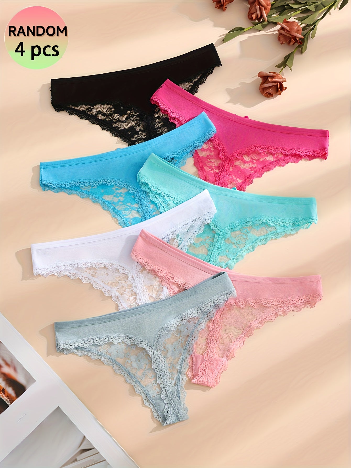4pcs Of Mixed Color Lace Sexy Women's Underwear, Soft And Breathable Bow-tie Minimalist Women's Thong, Sexy Lingerie Panties.