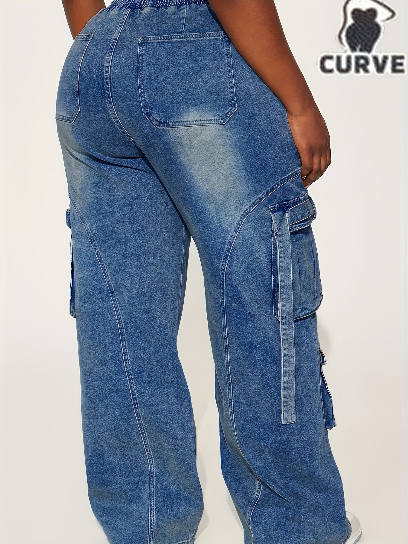 Large Sized Multi Pocket Waist And Headband with Elastic Drawstring Denim Workwear Pants