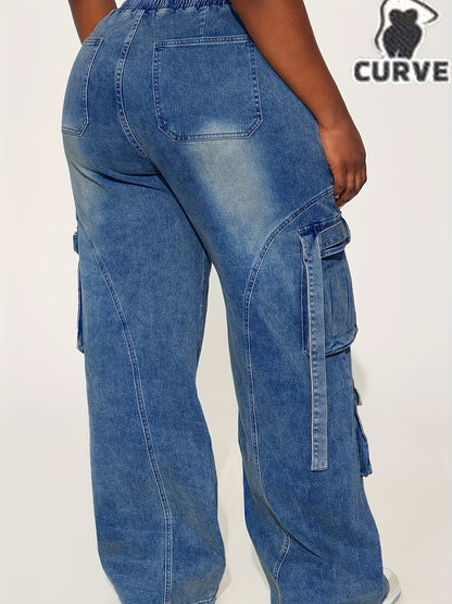 Large Sized Multi Pocket Waist And Headband with Elastic Drawstring Denim Workwear Pants