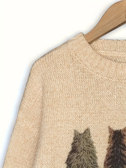 [Cozy Cat Sweater] Cozy Cable Sweater with Playful Cat Print | Women'S Beige & Brown, Loose Fit, Long Sleeve, Round Neck, Casual Spring And Autumn Top Ropa De Mujer Promotion Local Warehouse Discount