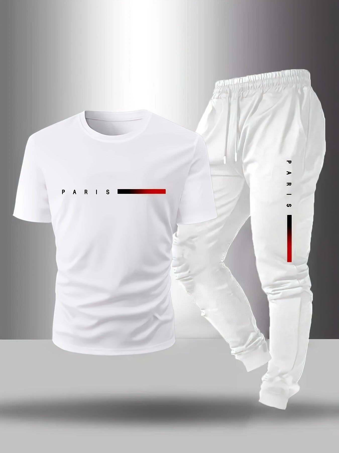 Men's Short-sleeve T-shirt And Pants Set, Spring And Summer Paris Letter Print Round Neck T-shirt + Drawstring Outdoor Casual Sports Long Pants Set