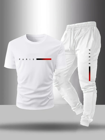 Men's Short-sleeve T-shirt And Pants Set, Spring And Summer Paris Letter Print Round Neck T-shirt + Drawstring Outdoor Casual Sports Long Pants Set