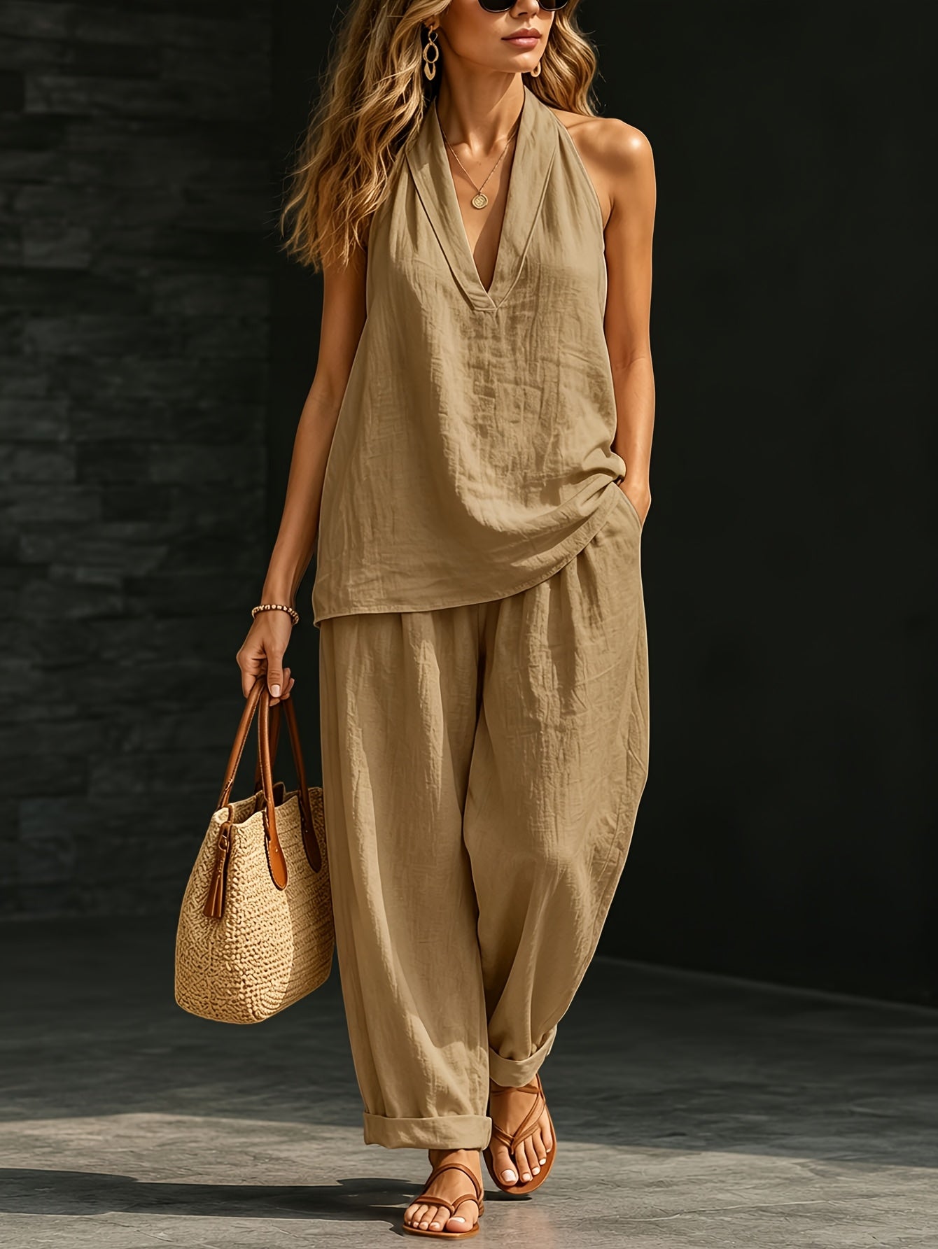 2pcs The New Spring/Summer 2026 Women's Halter-neck V-neck Sleeveless Casual Suit Is Suitable for Daily Casual Wear