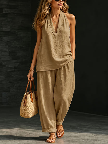 2pcs The New Spring/Summer 2026 Women's Halter-neck V-neck Sleeveless Casual Suit Is Suitable for Daily Casual Wear