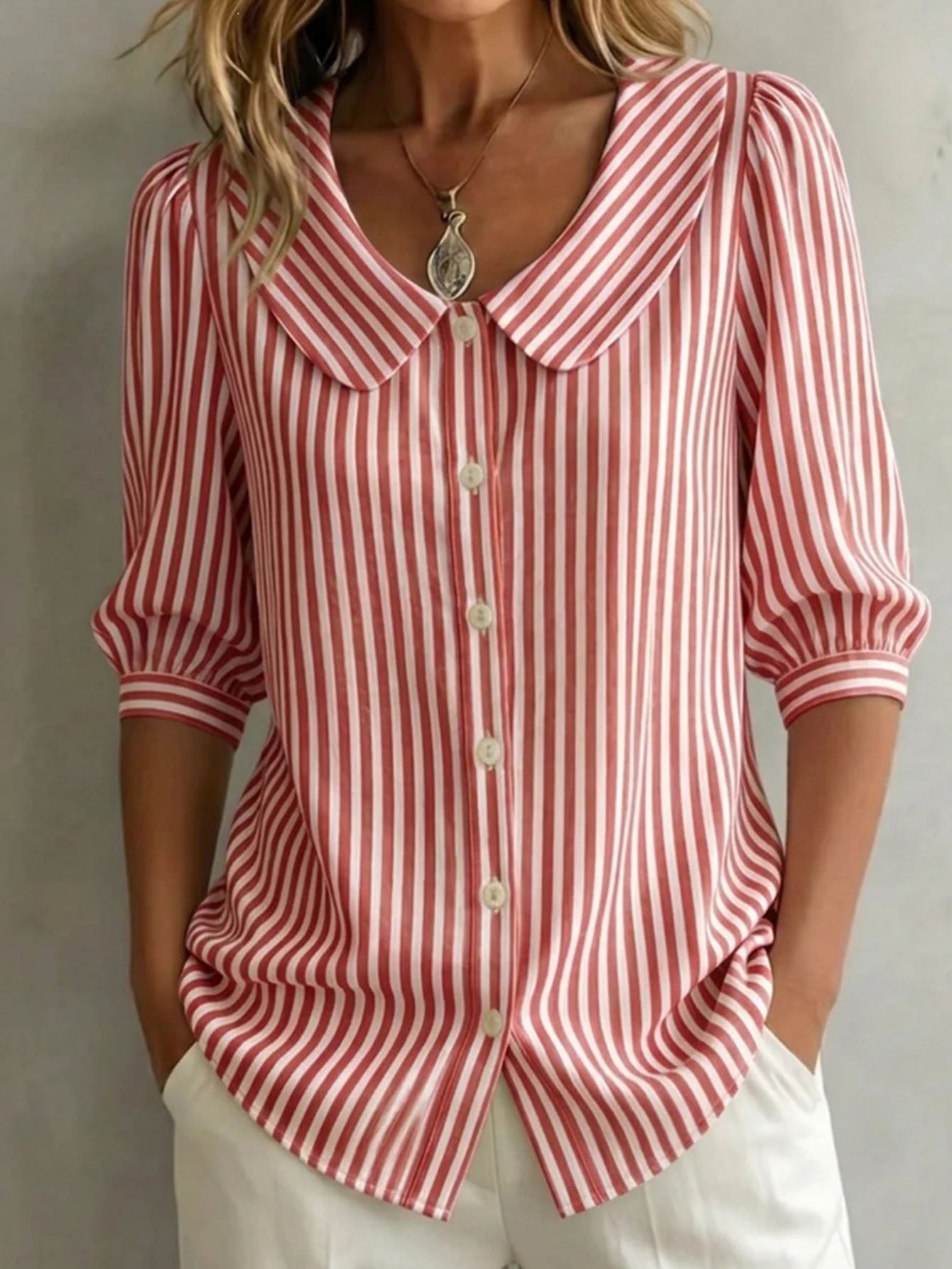 New Mid-Sleeve Striped V-Neck Shirt Top T-Shirt for Women