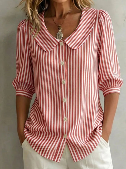 New Mid-Sleeve Striped V-Neck Shirt Top T-Shirt for Women